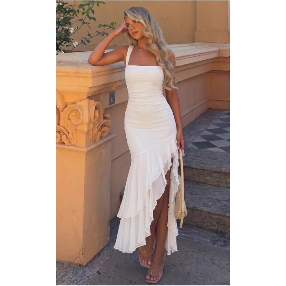 White Ruched Ruffle High Low Maxi Dress Sleeveless Bodycon Large L